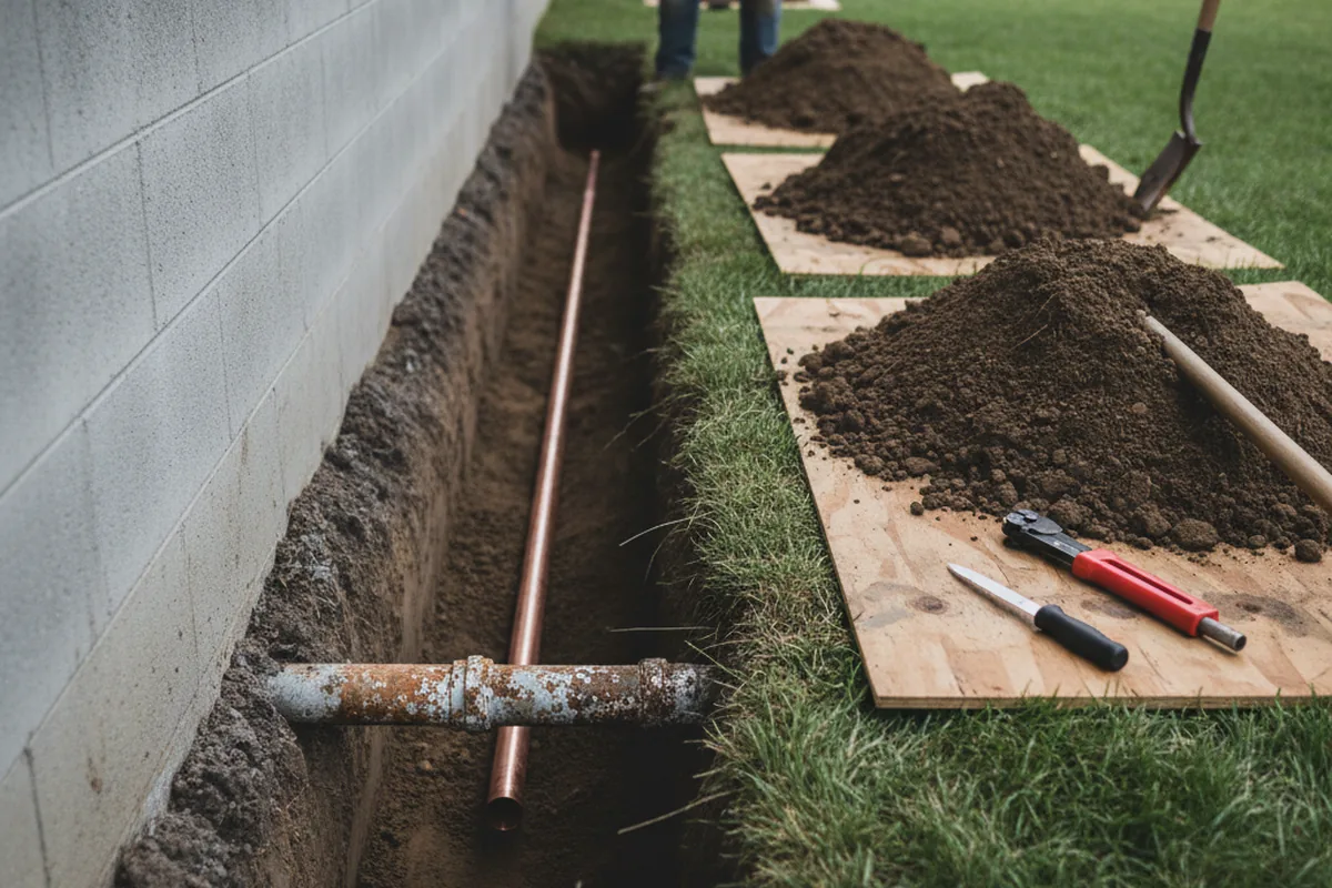 Excavated water line trench during Water Heater Repair in Reading
